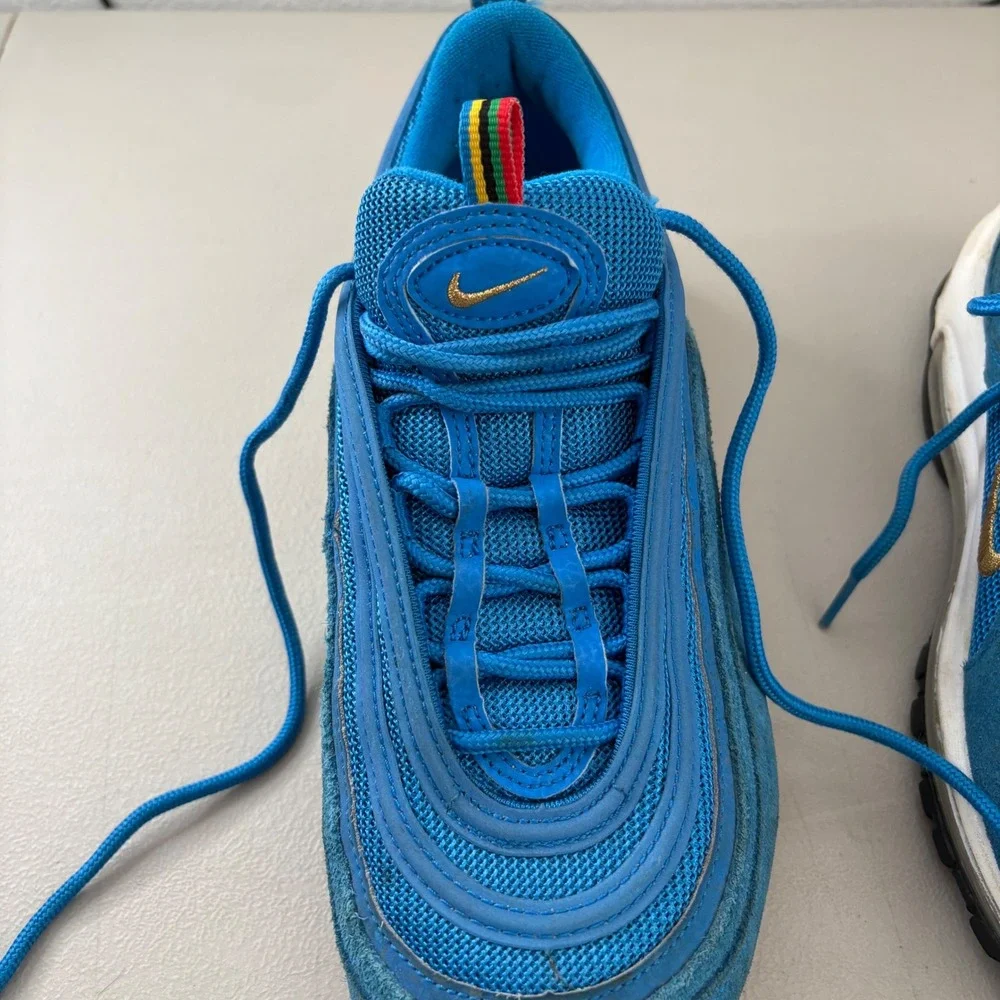 Nike Air Max 97 Blue Suede Mesh Sneakers Gold Swoosh CI3708-400 Mens 8